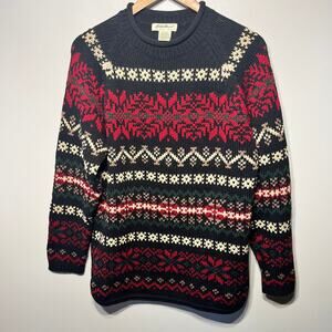 VTG Eddie Bauer Sweater Navy Red Nordic Fair Isle Cotton Chunky Pullover Knit XS